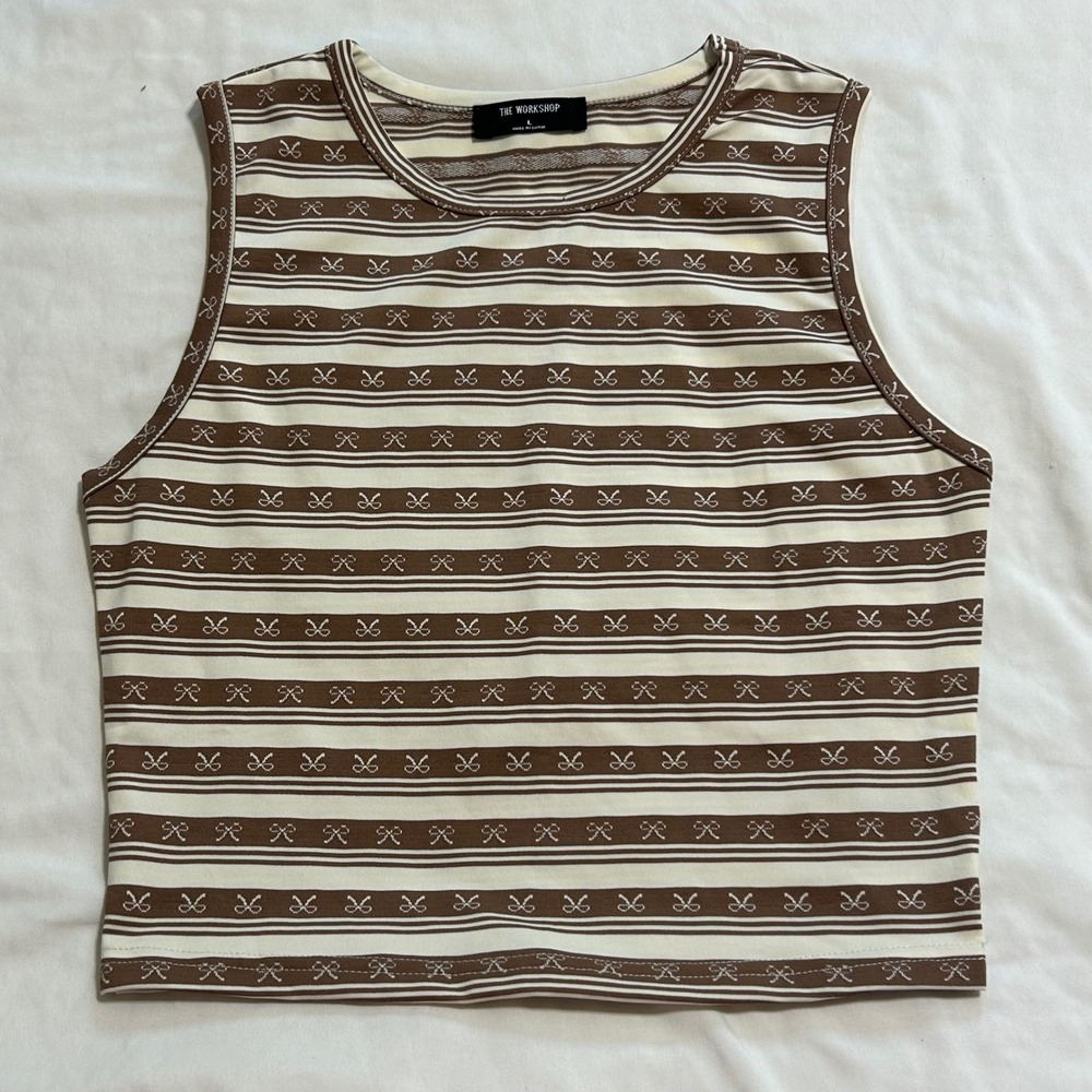 The Workshop Women Brown Cream Bow Stripe Sleeveless Crop Top Tank Large TW1910